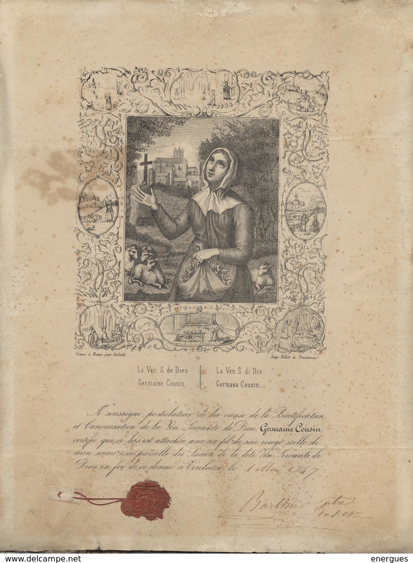 Pibrac, Germaine Cousin, Gravure Pour Béatification, Relique,fil De Soie, Sceau , Graveur Sirletti, Rome,Toulouse, 1847 - Stampe & Incisioni