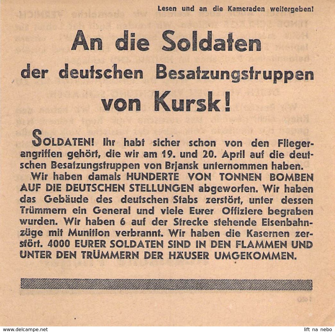 WWII WW2 Flugblatt Leaflet Soviet Propaganda Against Germany "An Die Soldaten... Von Kursk!" CODE 1400  FREE SHIPPING - 1939-45
