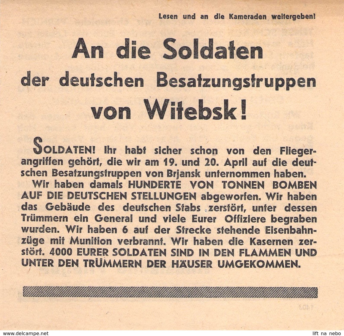 WWII WW2 Flugblatt Leaflet Soviet Propaganda Against Germany "An Die Soldaten... Von Witebsk!" CODE 1403  FREE SHIPPING - 1939-45