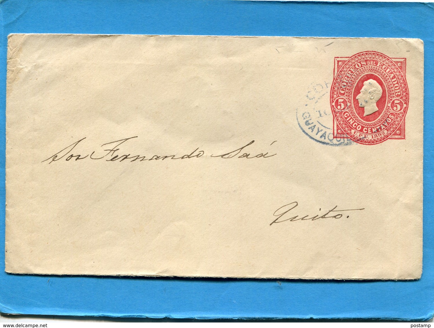 EQUATEUR- Enveloppe - Entier Postal Stationnery- A  Voyagé 1892-5c Rouge President  Flores - Equateur