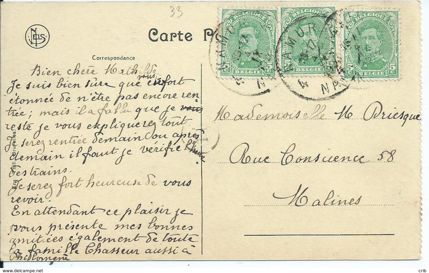 Fantasiekaart Met OCB 137 (3x) Type III - Afstempeling NAMUR 4 - 1915-1920 Alberto I