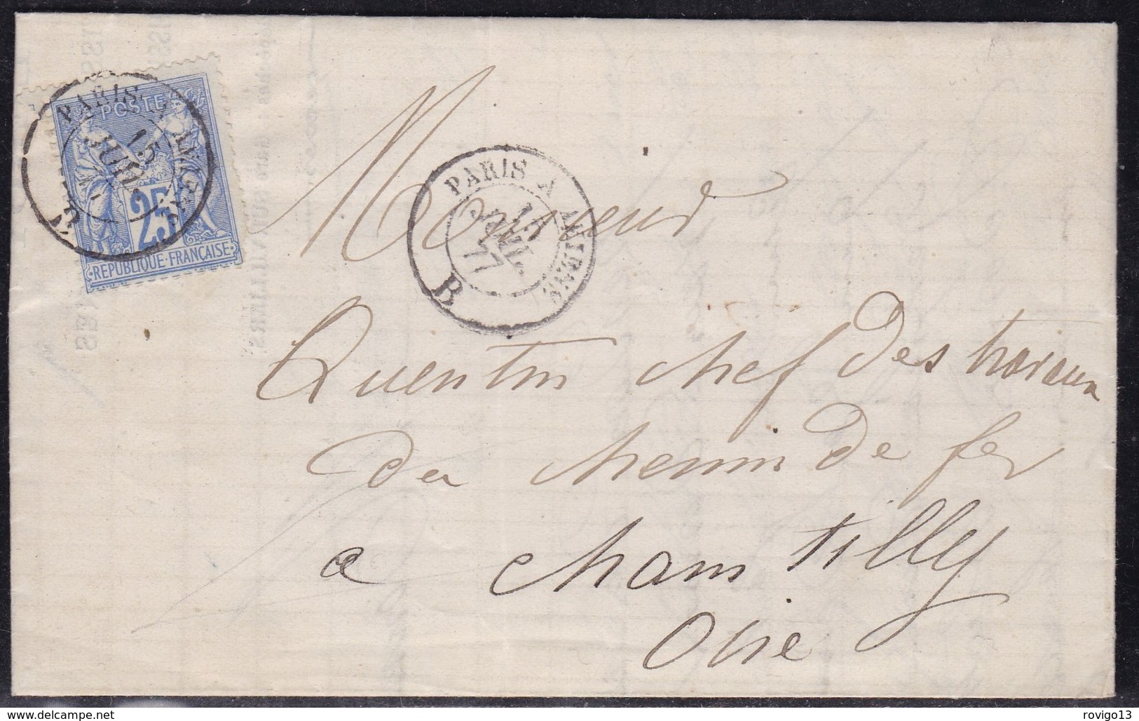 France, Paris - 25 Cts "sage" Oblitéré Càd Paris à Amiens B Sur LAC De Survilliers (Seine Et Oise) De 1877 - 1877-1920: Periodo Semi Moderno