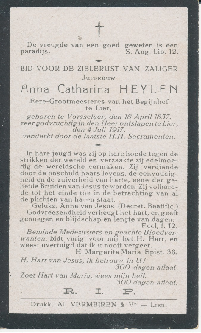 Doodsprentje Begijntje - Grootmeesteres Begijnhof Lier - Anna Catharina HEYLEN ° Vorselaar 1837 + Lier 1917 - Religion & Esotericism