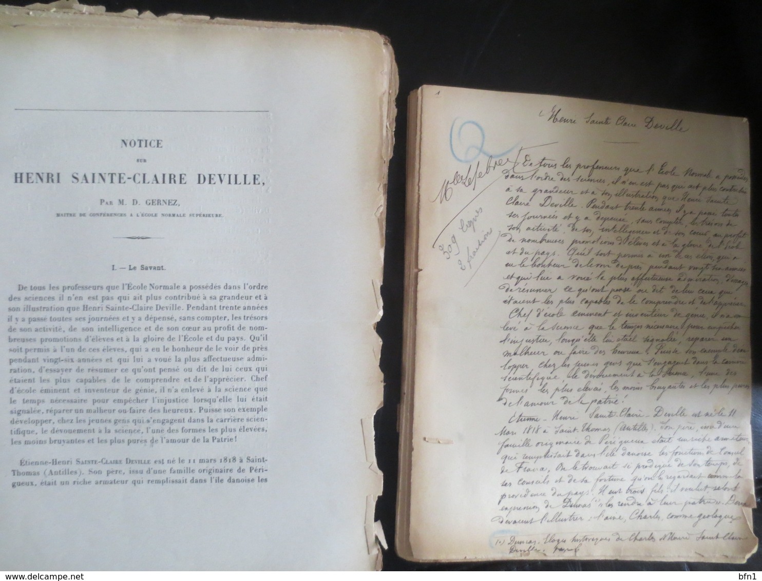 MANUSCRIT ET EPREUVE - NOTICE HENRI SAINTE CLAIRE DEVILLE - 1894- PAR M.D.GERNEZ- - Documents Historiques