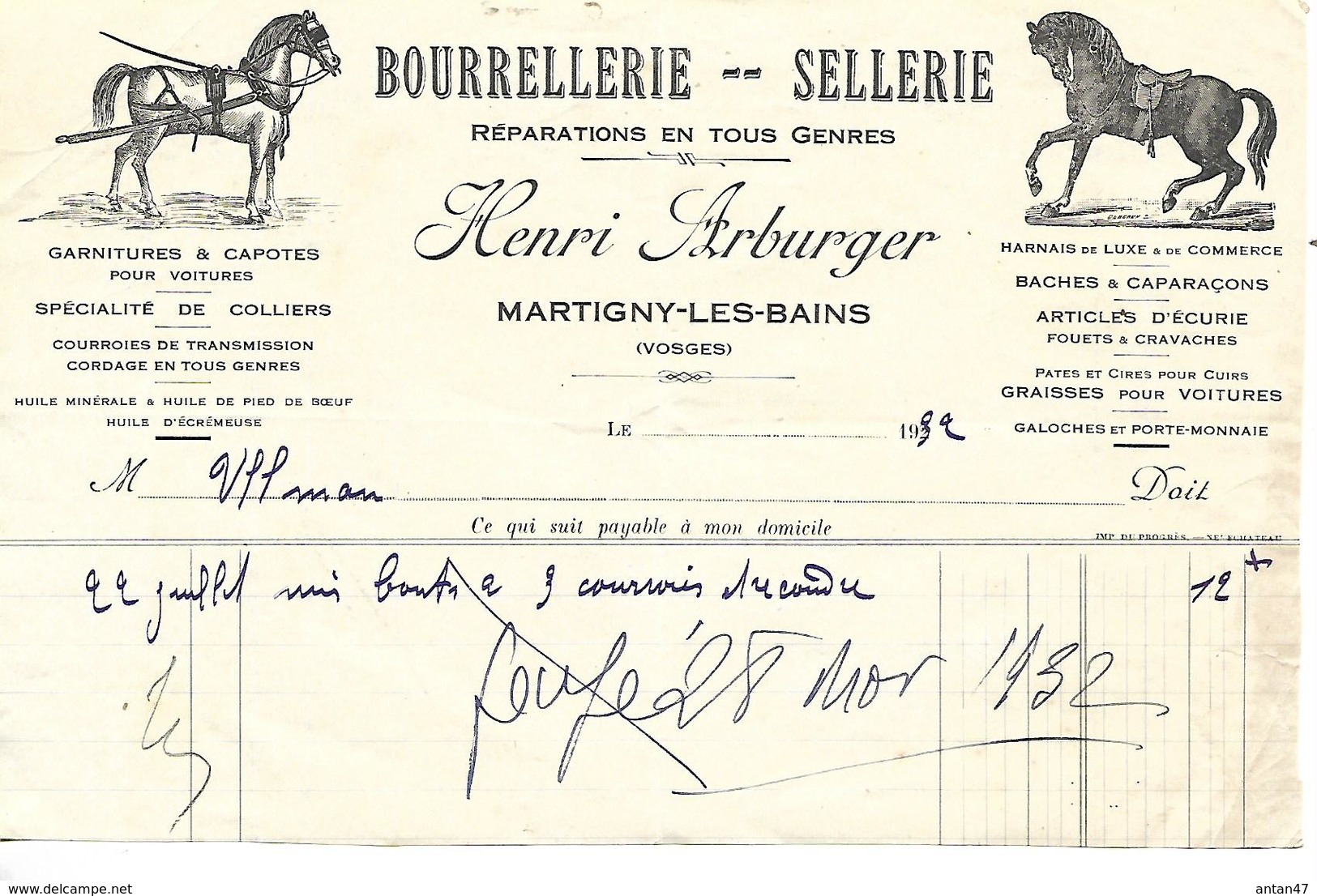 Facture 1/2 Format 1932 / 88 Martigny-Les-Bains / H. ARBUGER / Bourrellerie- Sellerie, Harnais Chevaux - 1900 – 1949