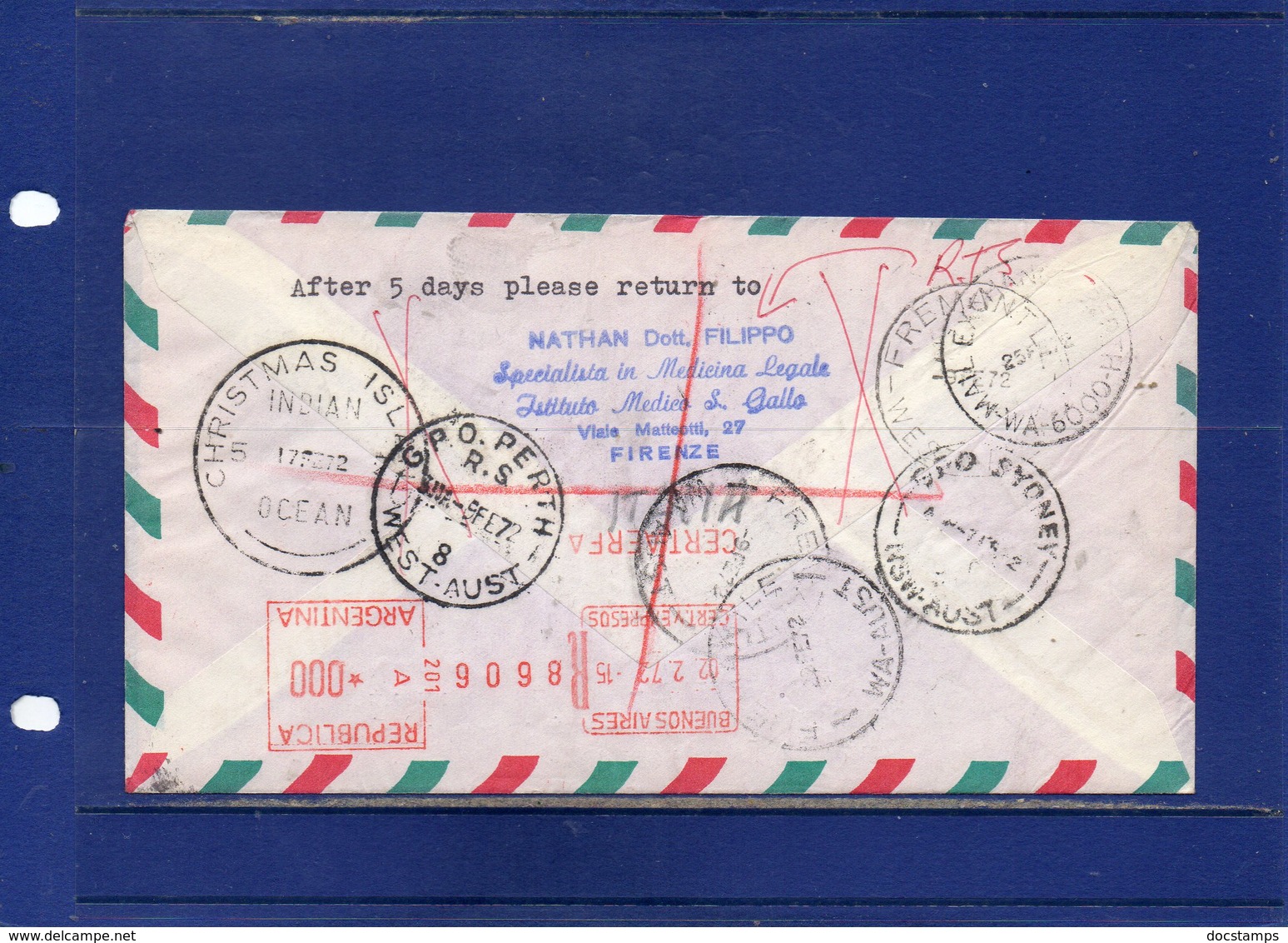 ##(DAN197)- Argentina 1972- Registered Air Mail Cover To  Christmas Island , Retour To Sender To Firenze-Italy - Storia Postale