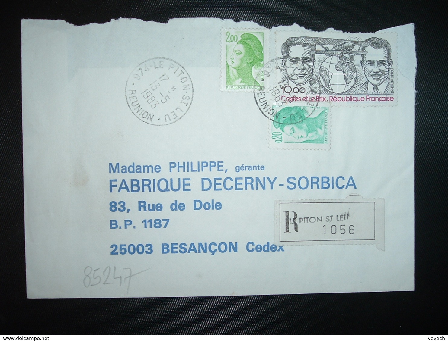 LR TP COSTES ET LE BRIX 10,00 + LIBERTE 2,00 + 0,20 OBL.13-5 1983 974 LE PITON-ST LEU REUNION - Cachets Manuels