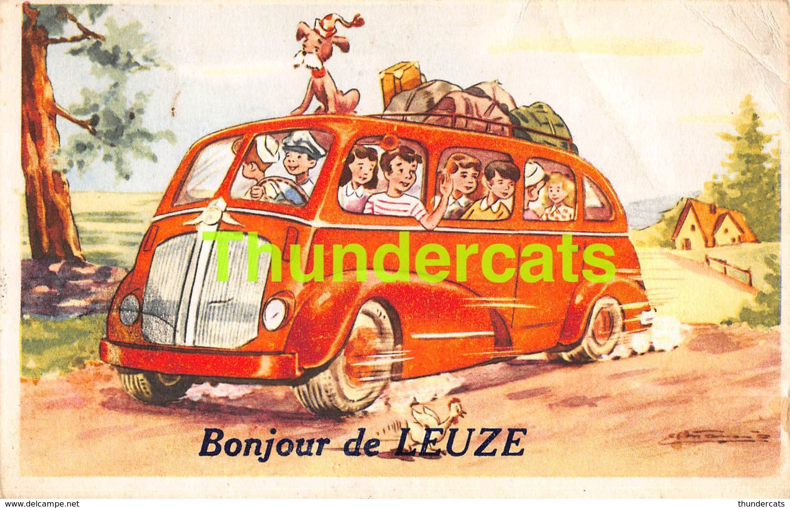 CPA UN BONJOUR DE LEUZE AUTOBUS BUS COACH AUTOCAR ILLUSTRATEUR ( PLI - CREASE !! ) - Leuze-en-Hainaut