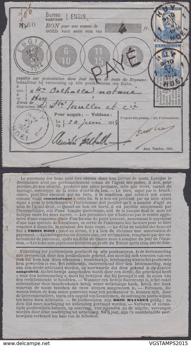 Belgique COB 125*2 Sur Bordereau De Poste " Huy " 22/06/1914 (DD) DC2774 - 1912 Pellens