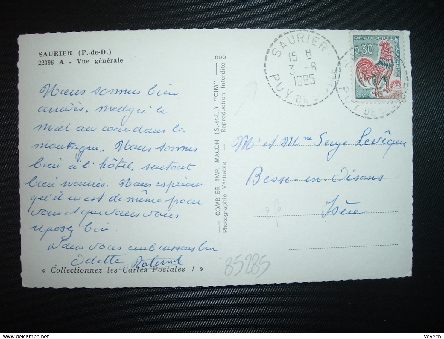 CP Vue Génnérale TP COQ DE DECARIS 0,30 OBL. Tiretée 3-8 1965 SAURIER PUY DE DOME (63) - Cachets Manuels