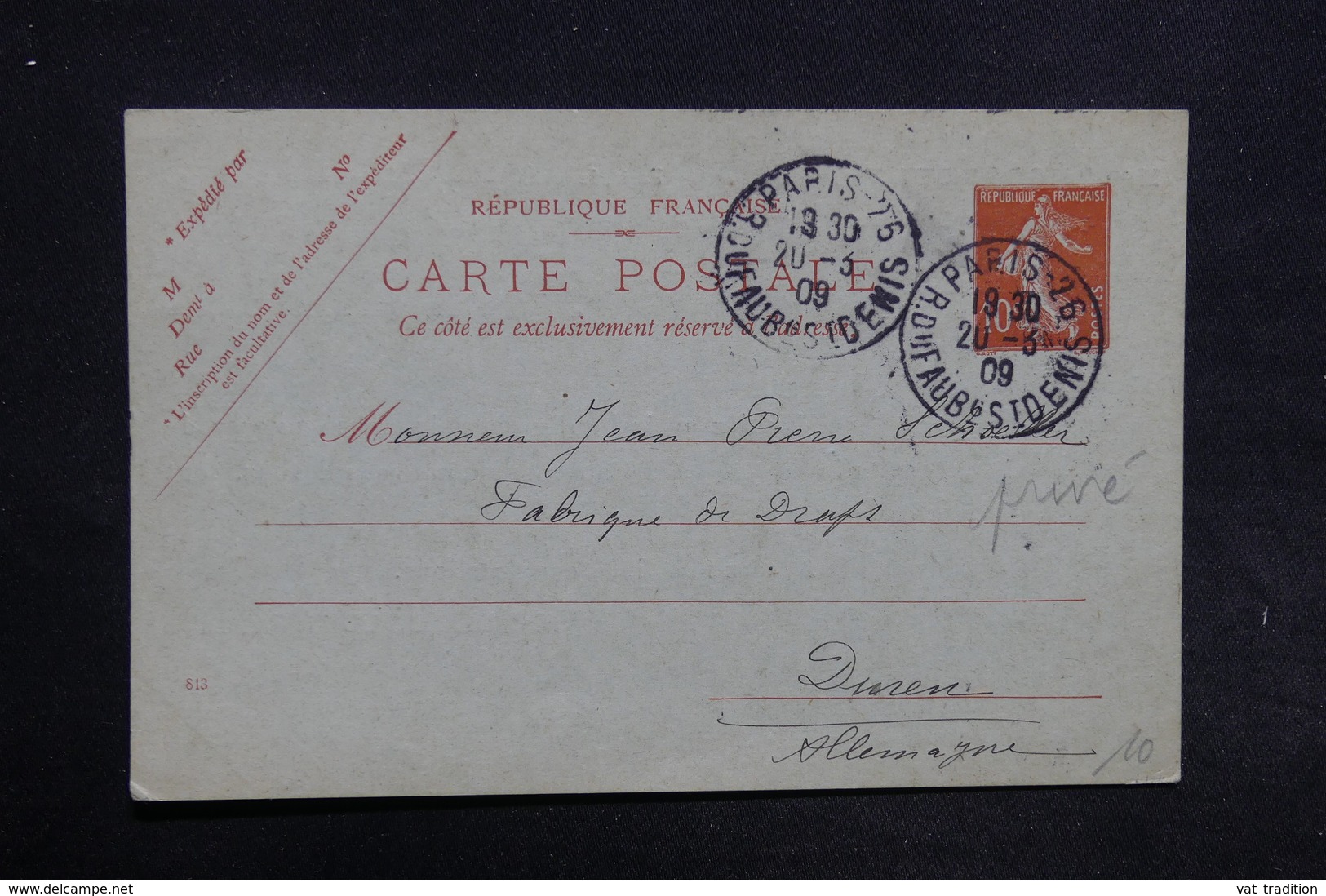 FRANCE - Entier Postal Commerciale ( Repiquage Au Verso ) De Paris Pour L 'Allemagne En 1909 - L 30853 - Standard Postcards & Stamped On Demand (before 1995)