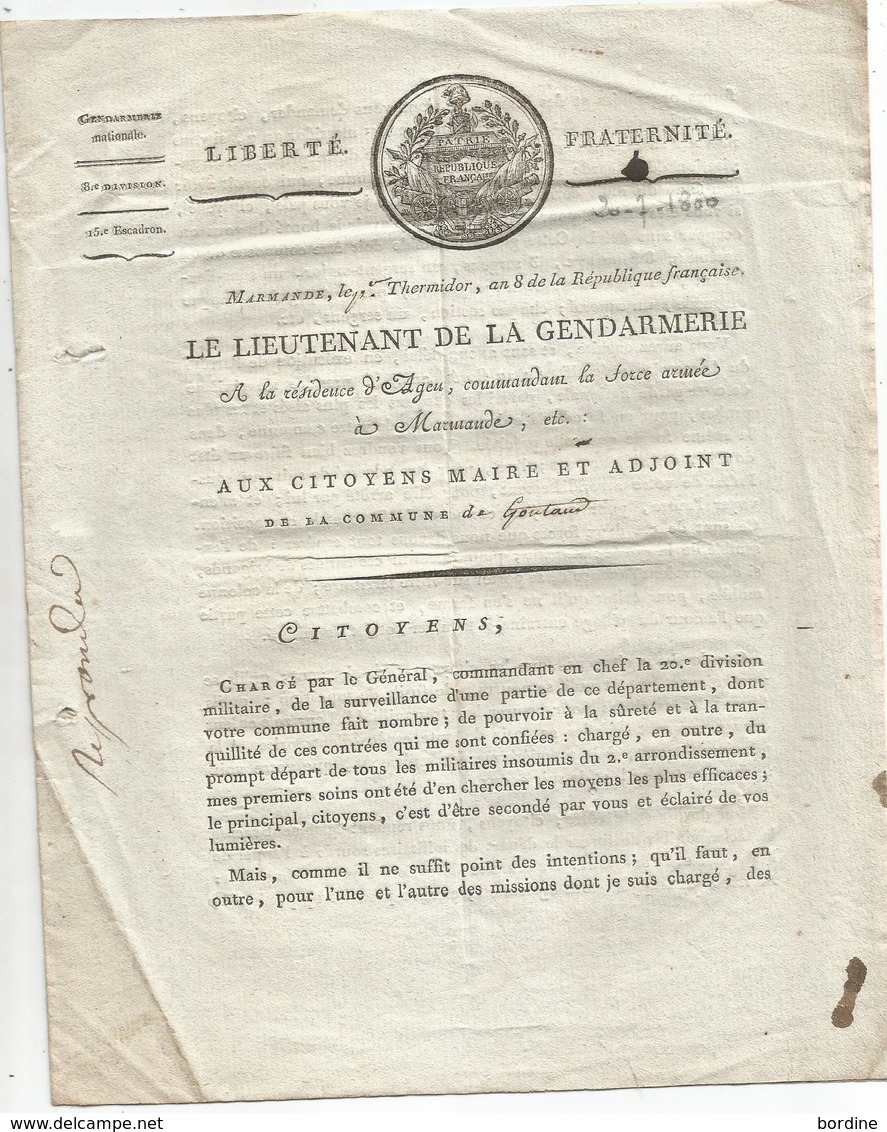 LOT Et GARONNE - MARMANDE - Lettre Du Lieutenant De Gendarmerie Concernant La Garde Nationale - 1800 - RR - Documents Historiques