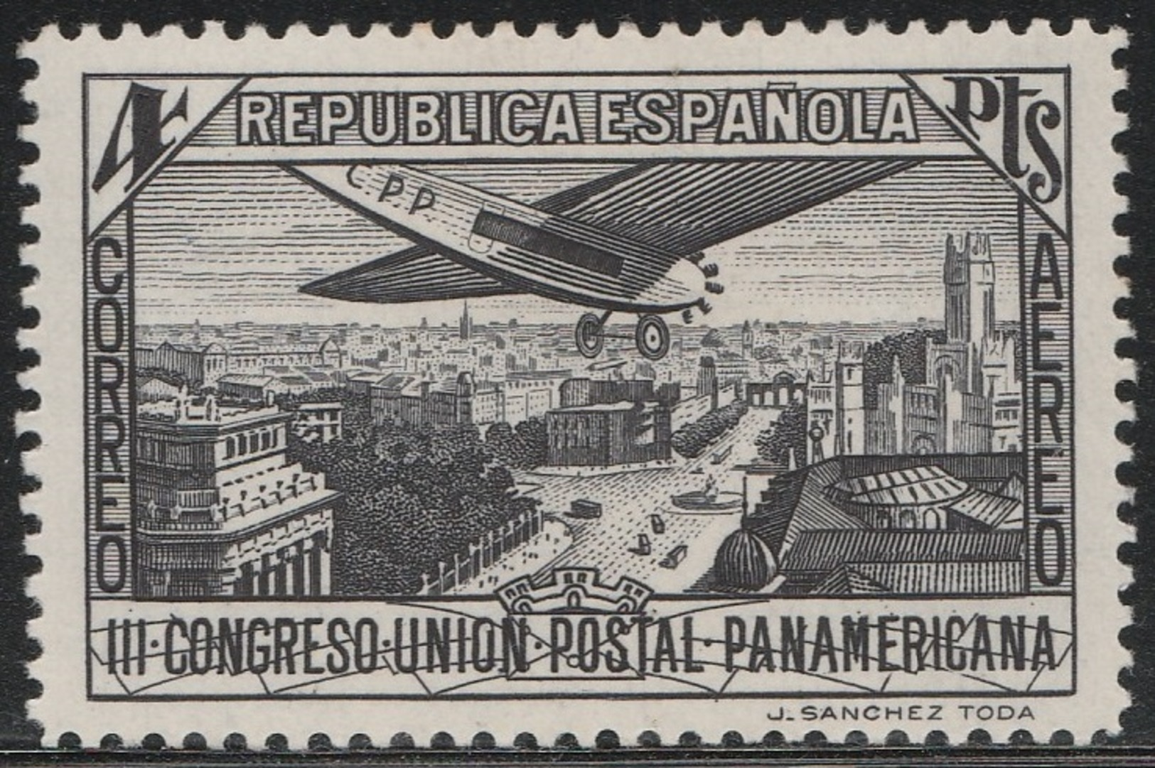 Spain 1931 - Sc C67, 4p, Black - Plane Over Calle De Alcala, Madrid - MVLH - Unused Stamps