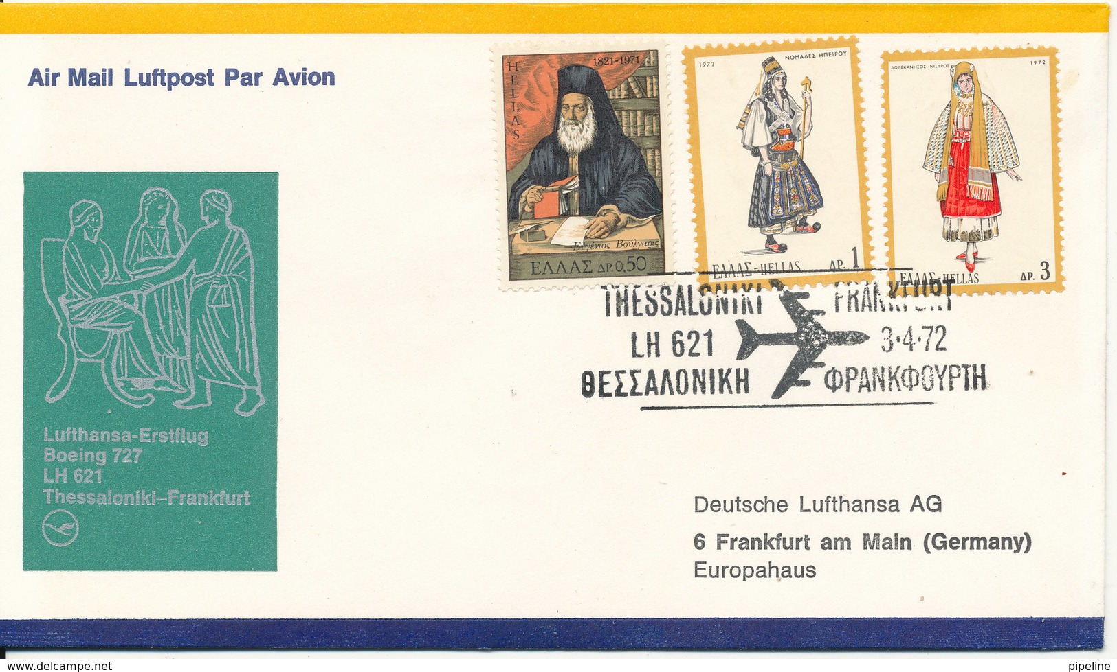 Greece Cover First Flight Lufthansa LH 621 Boeing 727 Thessalooniki - Frankfurt 3-4-1972 - Covers & Documents