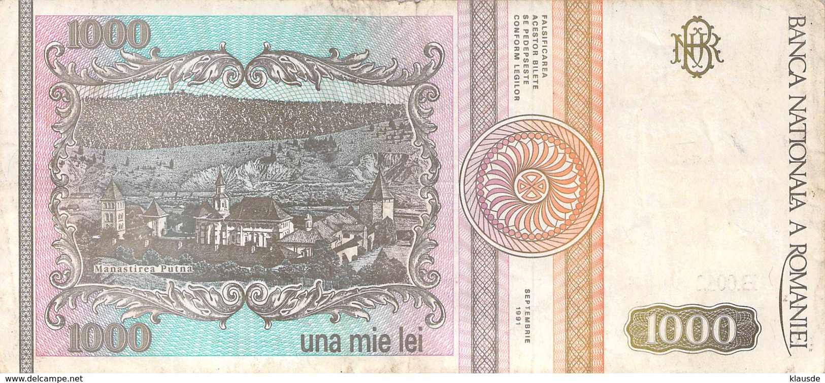 1000 Lei Rumänien 1991 VF/F (III) - Rumänien