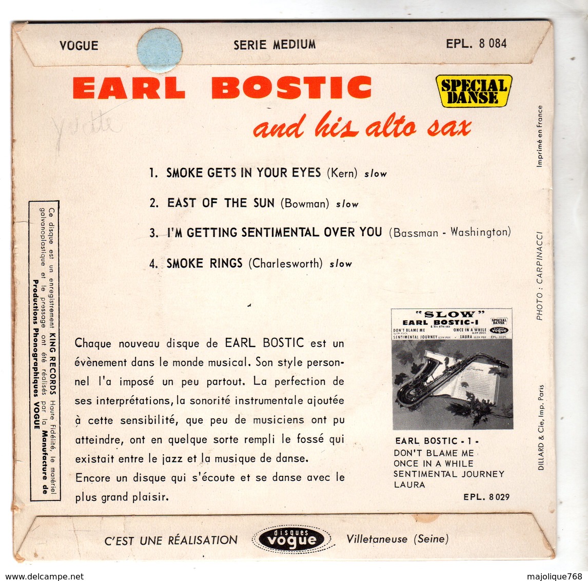 Disque De Earl Bostic Et Son Saxo Alto - Smoke Gets In Your Eyes - Vogue EPL. 8084 - 1963 - - Jazz