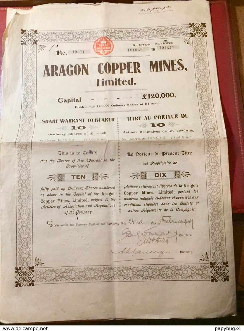 ARAGON  COPPER  MINES , LIMITED -----Titre De 10 Actions Ordinaires - Mines