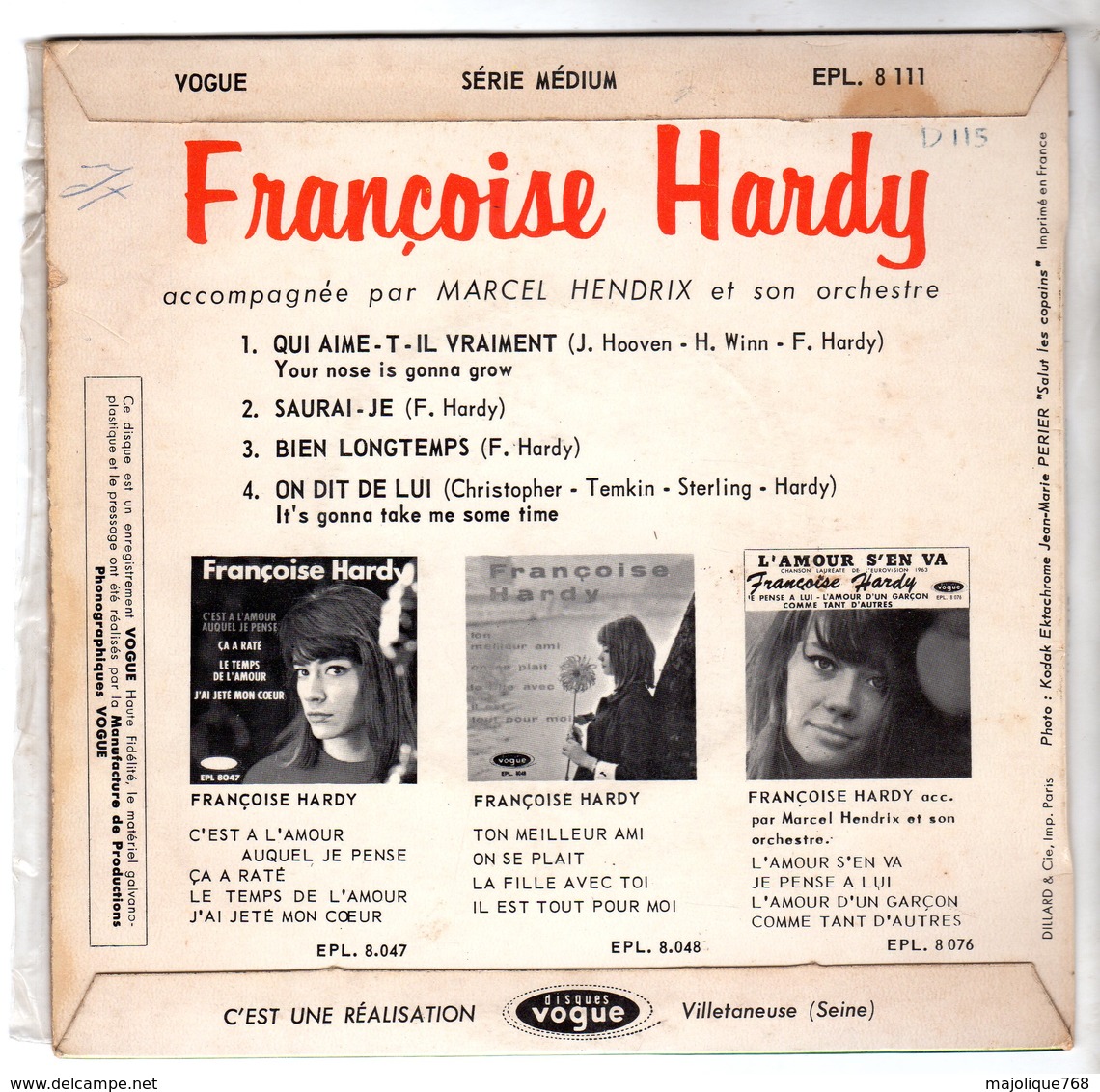 Disque De Françoise Hardy - Qui Aime T'il Vraiment - Vogue EPL. 8111 - 1963 - - Rock