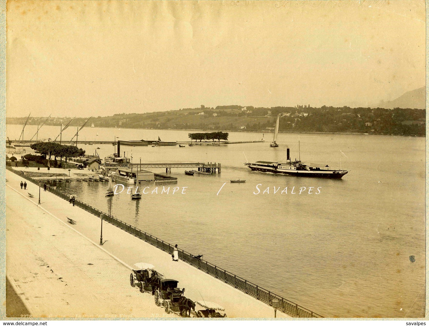 Suisse * Genève Quai Des Eaux Vives, Bateau à Vapeur, Barques Léman - Photo Albumine Vers 1890 - Voir Scans - Anciennes (Av. 1900)