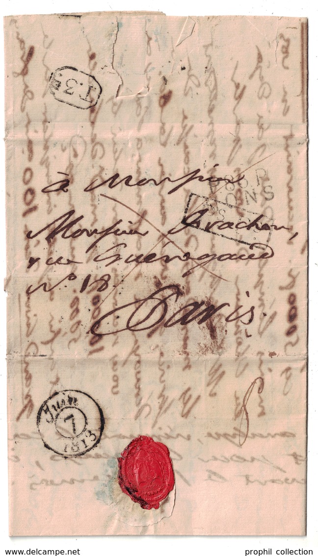 1813 - MARQUE POSTALE MP " P86P MONS " + GRIFFE ENCADRÉE " PsPs " Sur LETTRE EN PORT PAYÉ JUSQU'A PARIS - 1794-1814 (French Period)