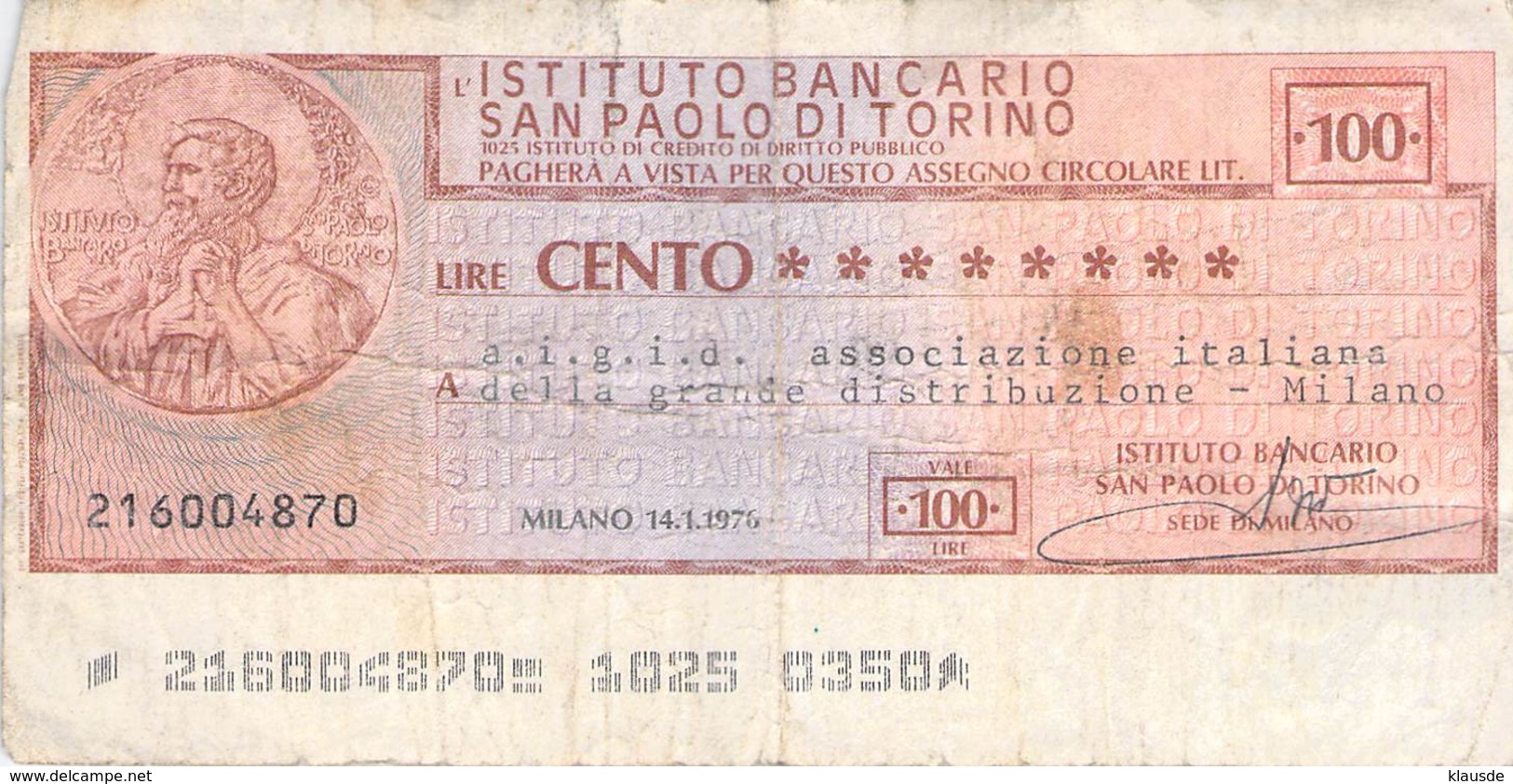 100 Lire (Scheck) San Paolo Di Torono Italien 1976  VF/F (III) - Schecks  Und Reiseschecks