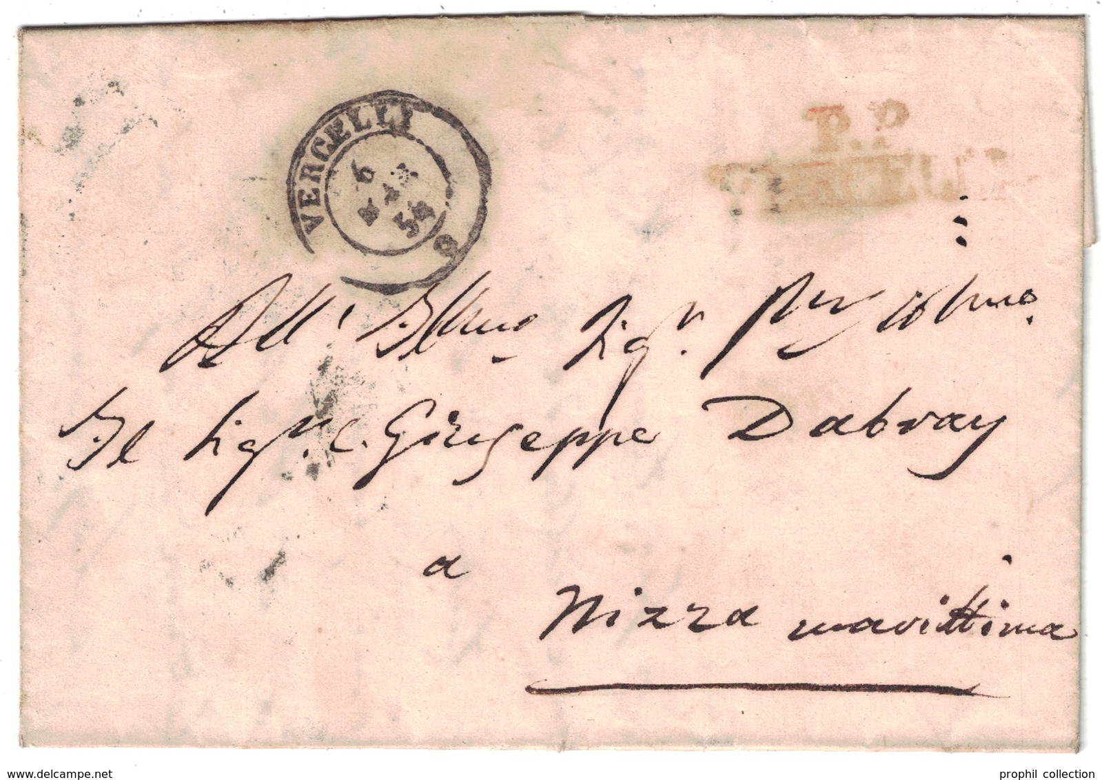 1854 - MARQUE POSTALE MP De SARDAIGNE " PP VERCELLI " + CACHET À DATE SARDE Sur LETTRE COVER LAC Pour NIZZA NICE - Sardaigne