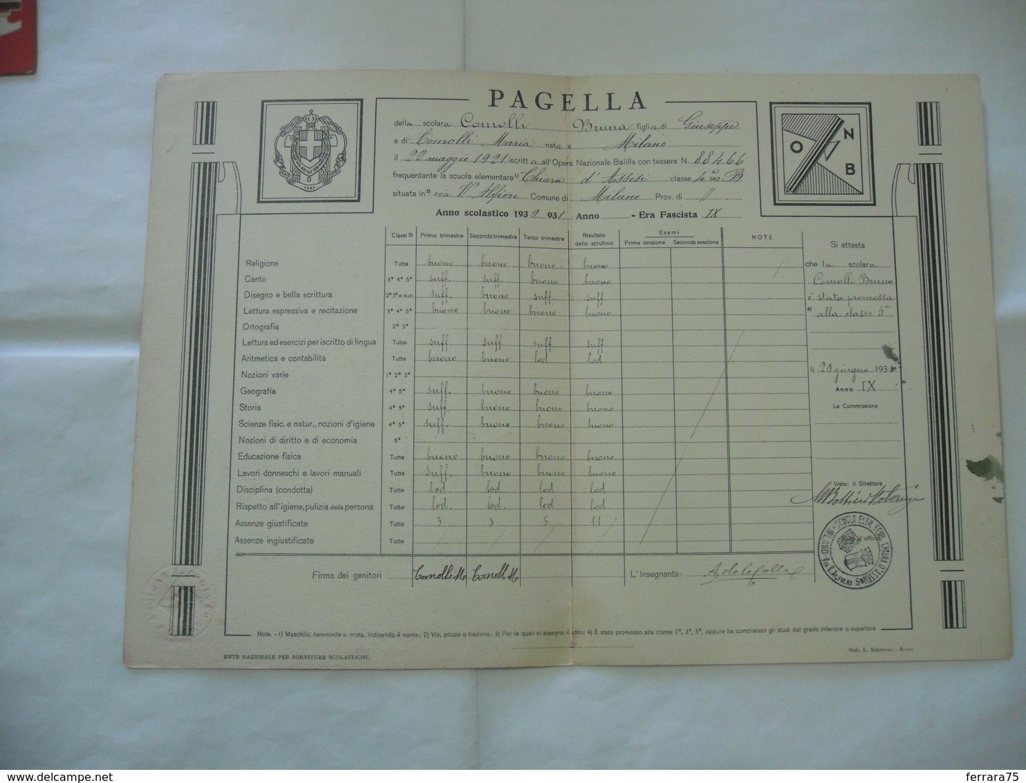 PAGELLA SCOLASTICA ONB GIL ANNO 1930-1931  MILANO - Diplomi E Pagelle