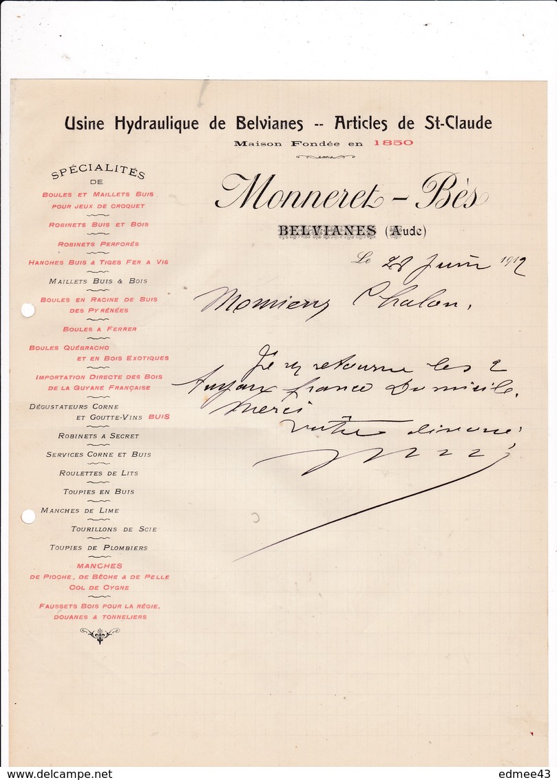 Courrier 1912  Usine Hydraulique De Belvianes Articles De St-Claude Monneret-Bès, Belvianes (Aude) - Autres & Non Classés