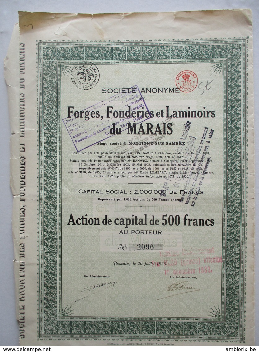 Action Belge : Forges Fonderies Et Laminoirs Du Marais - Montigny-sur-Sambre - Action De Capital De 500 Francs - Industrie