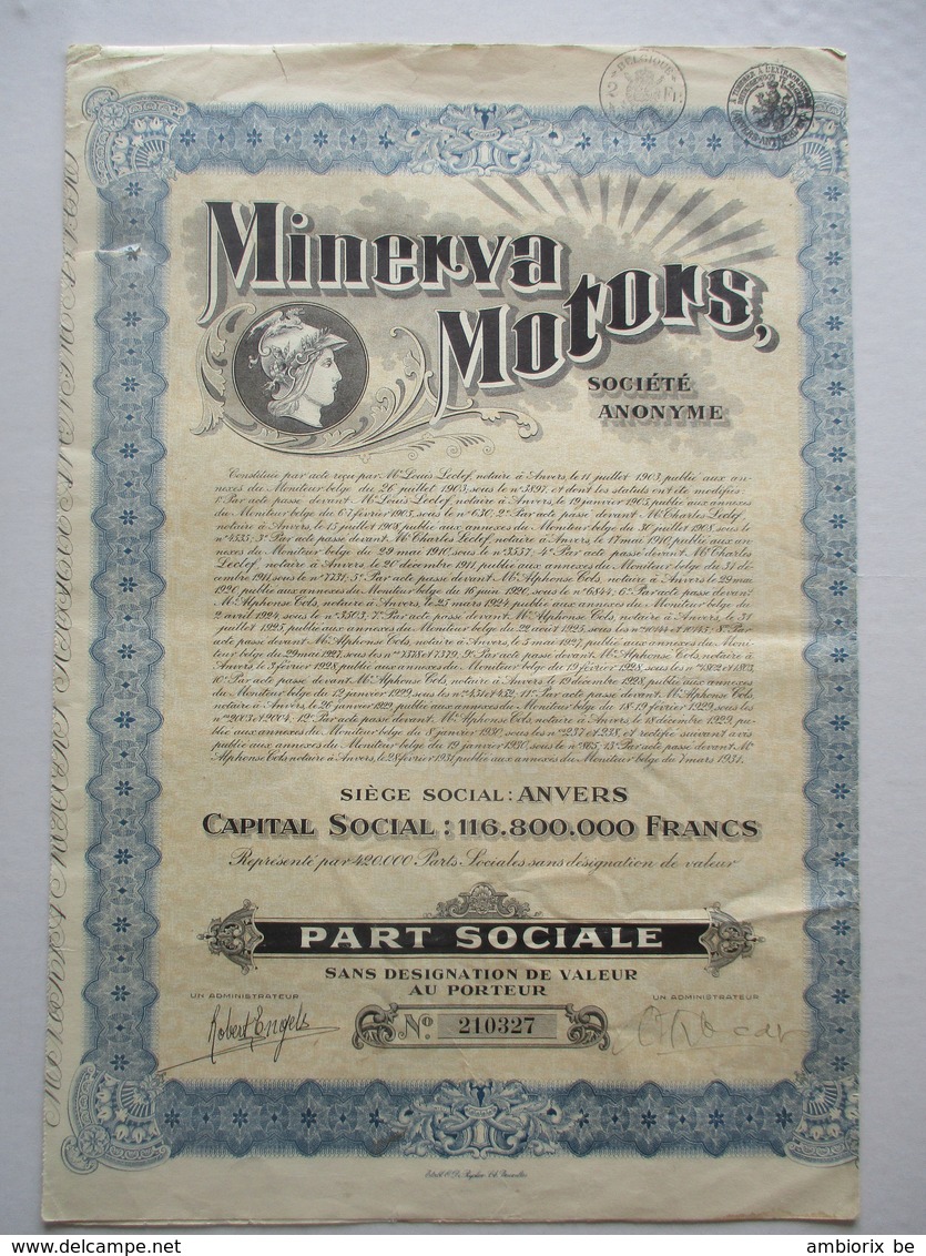 Action Belge : Minerva Motors - Capital 116 800 000 - Titre De 1931 - Automobile