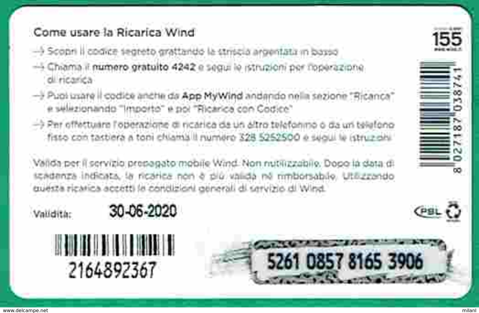 Ricarica WIND - Windows Phone Store - Scadenza 30-06-2020 - Schede GSM, Prepagate & Ricariche