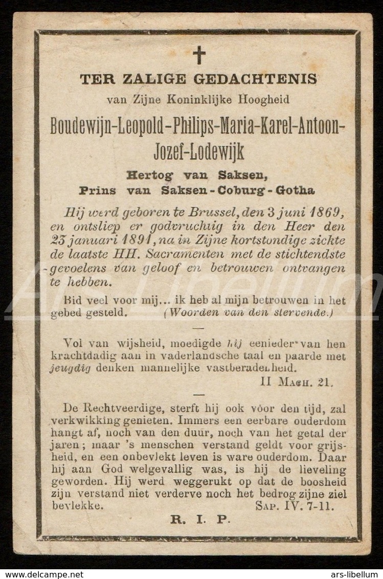 Doodsprentje / ROYALTY / Belgium / Belgique / België / Prins Boudewijn / Prince Baudouin De Belgique / 1891 / 2 Scans - Godsdienst & Esoterisme