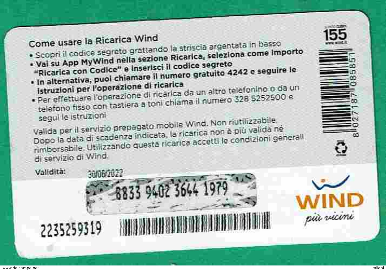 Ricarica Wind- Wind E WWF- Scadenza 30/06/2022 - [2] Handy-, Prepaid- Und Aufladkarten