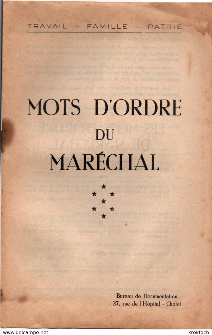 Mots D'ordre Du Maréchal - 8 Pages Citations Pétain - Bureau De Documentation Cholet 1942 - Guerre 1939-45