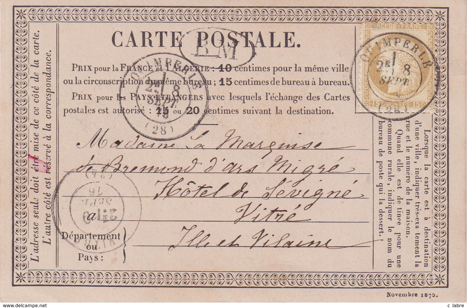 FRANCE : N° 55 . TYPE CERES. SUR CARTE PRECURSEUR . OBL . " QUIMPERLE " . (28) . ET BM . 1876 . - 1849-1876: Période Classique