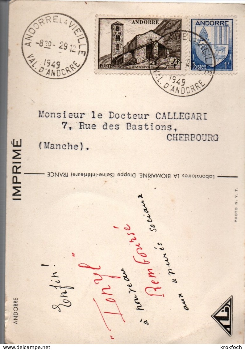 Andorre Le Vieille 1949 - Carte Laboratoires Ionyl - 2 Scans - Lettres & Documents