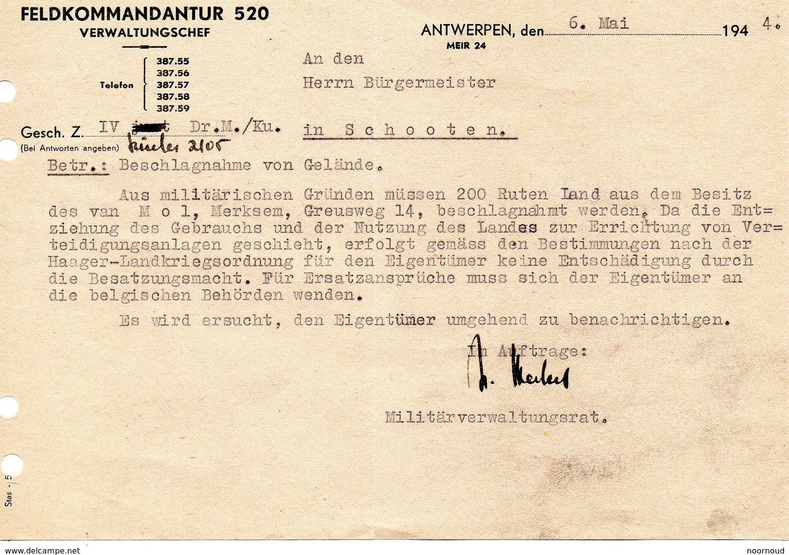 Antwerpen Weltkrieg   Feldkommandantur 520 1944 Beschlagname Von Gelände   Document  Militärverwaltungsrat - 1939-45