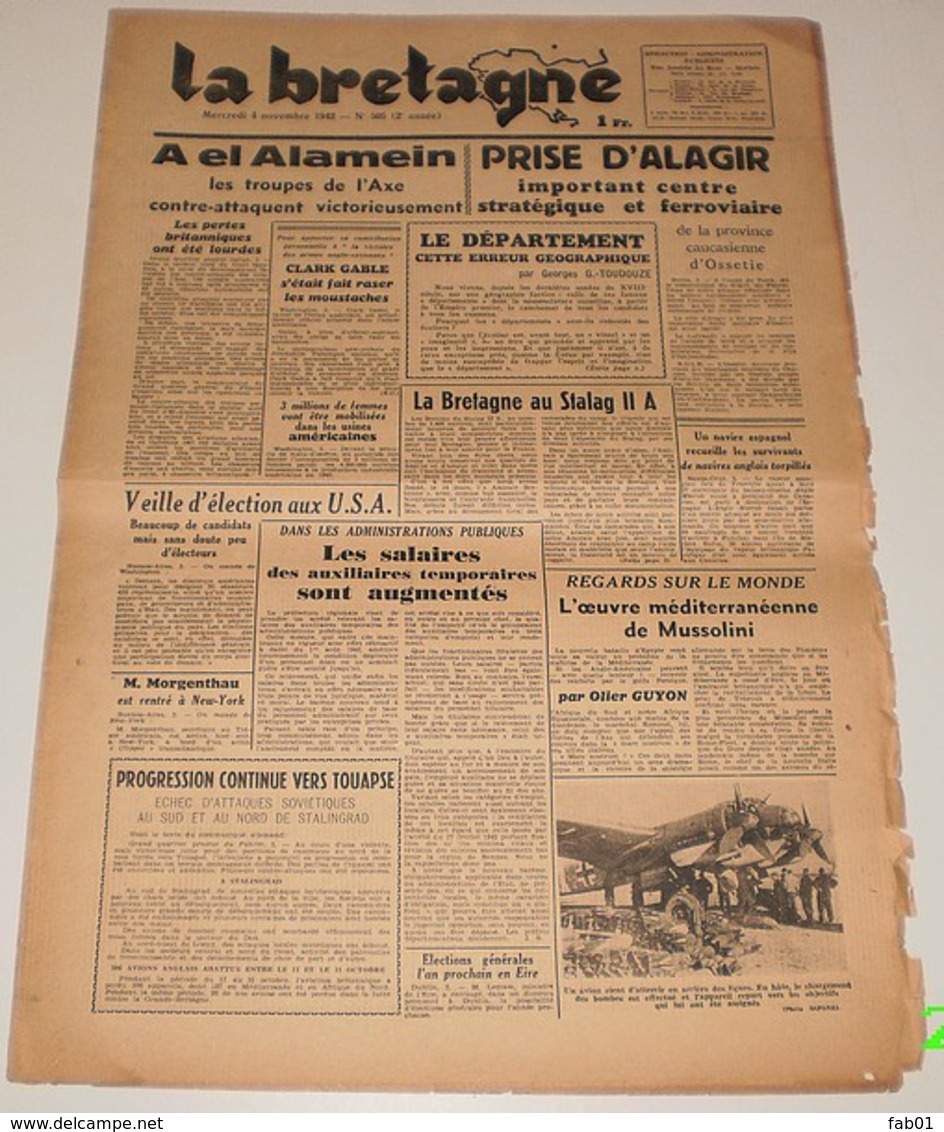 La Bretagne Du 4 Novembre 1942.(Bousquet-Mussolini-Clark Gable) - Français