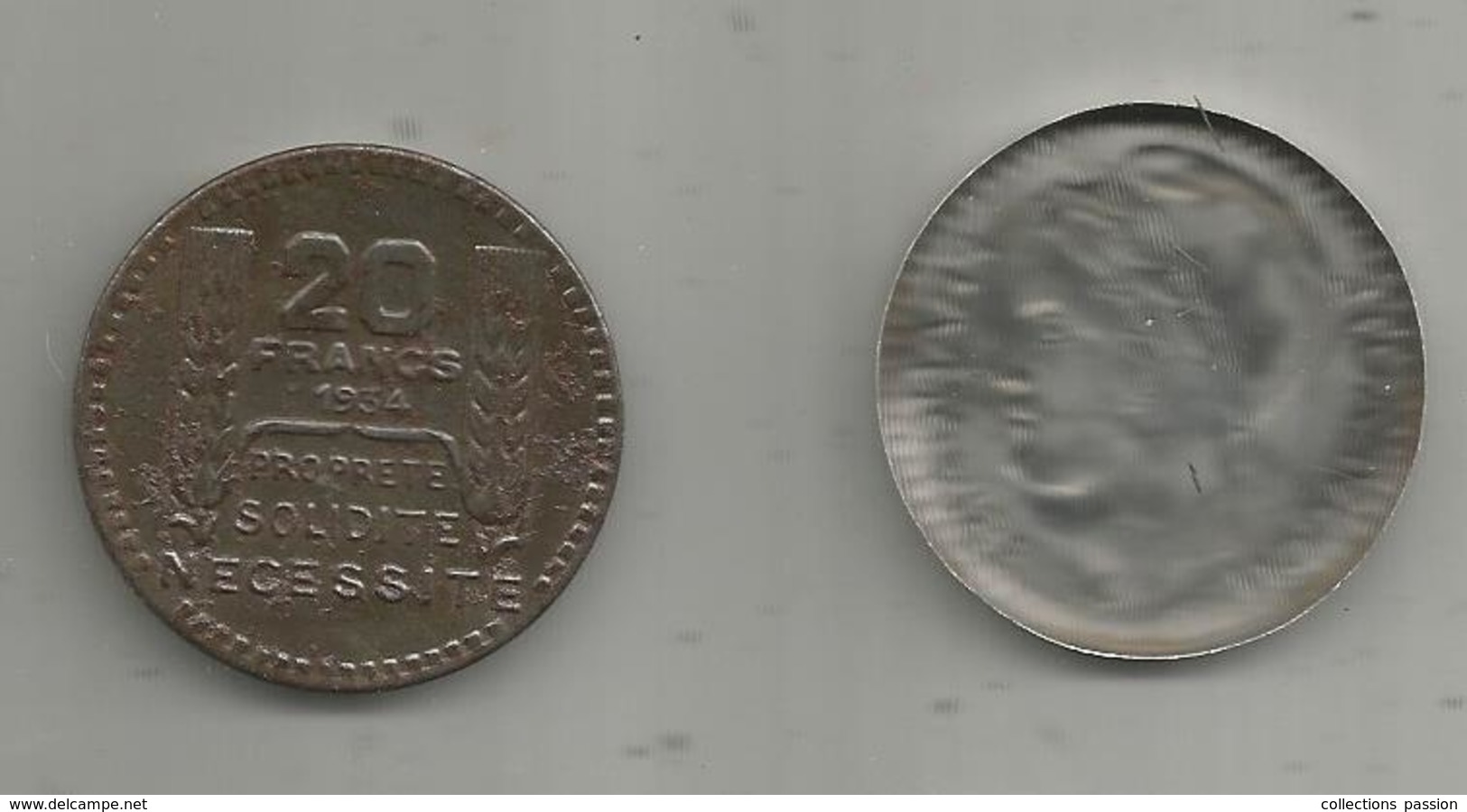 Boite ,aluminium, 20 Francs 1934,propreté ,solidité , Necessité, Nouveauté Française , 2 Scans, Frais Fr 2.00 E - Fictifs & Spécimens