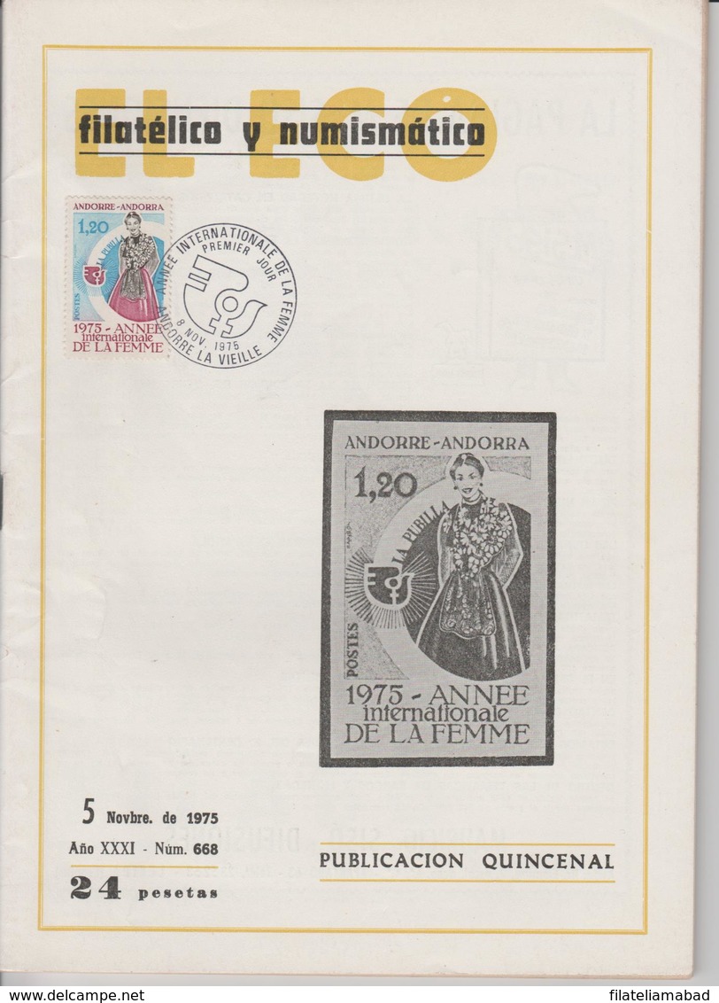 ESPAÑA EL ECO FILATELICO DEL AÑO 1975 CON UN SELLO DE NADORRA C.F MATASELLOS DE P.D.   (  S.G.F.) - Altri & Non Classificati