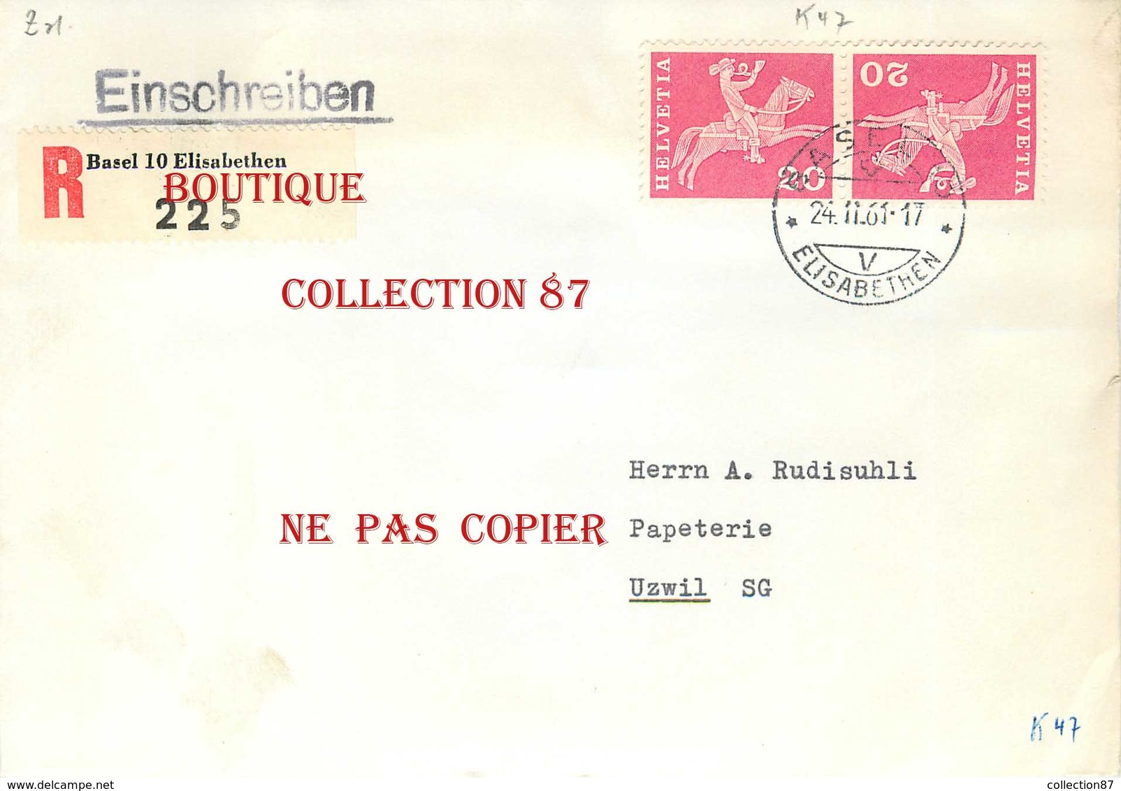 ♣♣ ☺ SUISSE < LETTRE RECOMMANDEE Avec PAIRE TETE BECHE K 47 Avec CACHET De BASEL ELISABETHEN En 1961 - Lettres & Documents