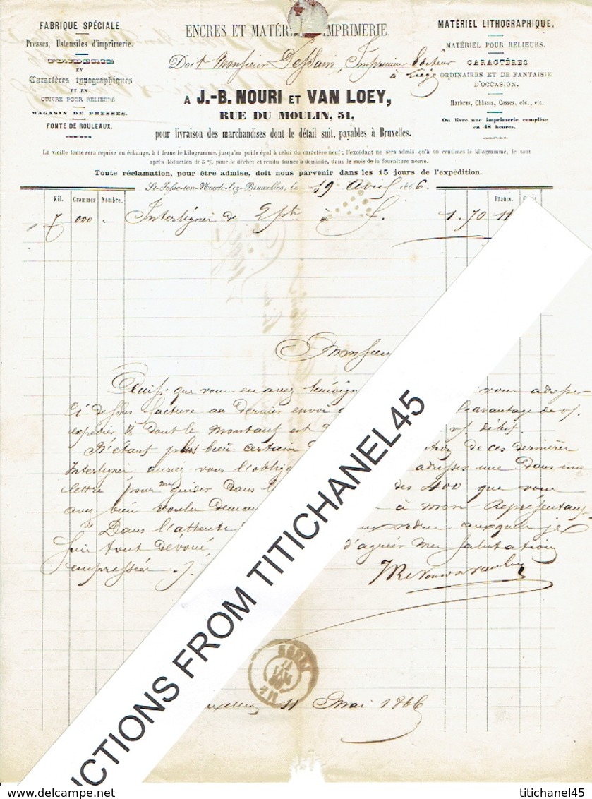 Facture 1866 - ST-JOSSE-TEN-NOODE - J.-B. NOURI & VAN LOEY - Fabrique De Presses - Fonderie Caractères Typographiques - - Imprenta & Papelería