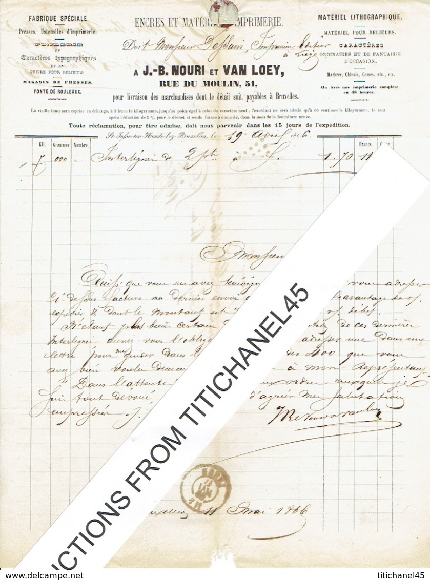 Facture 1866 - ST-JOSSE-TEN-NOODE - J.-B. NOURI & VAN LOEY - Fabrique De Presses - Fonderie Caractères Typographiques - - Printing & Stationeries