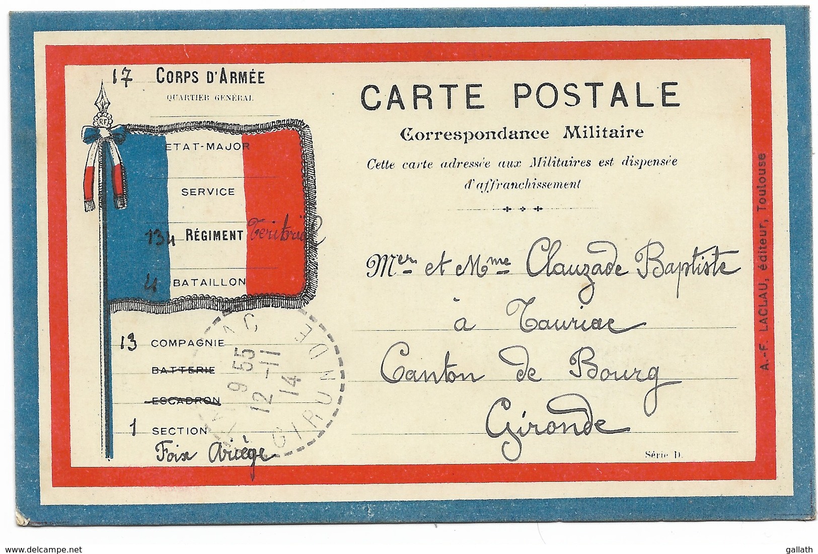 Carte CORRESPONDANCE MILITAIRE Drapeau Français...1914  Pour Tauriac - Lettres & Documents