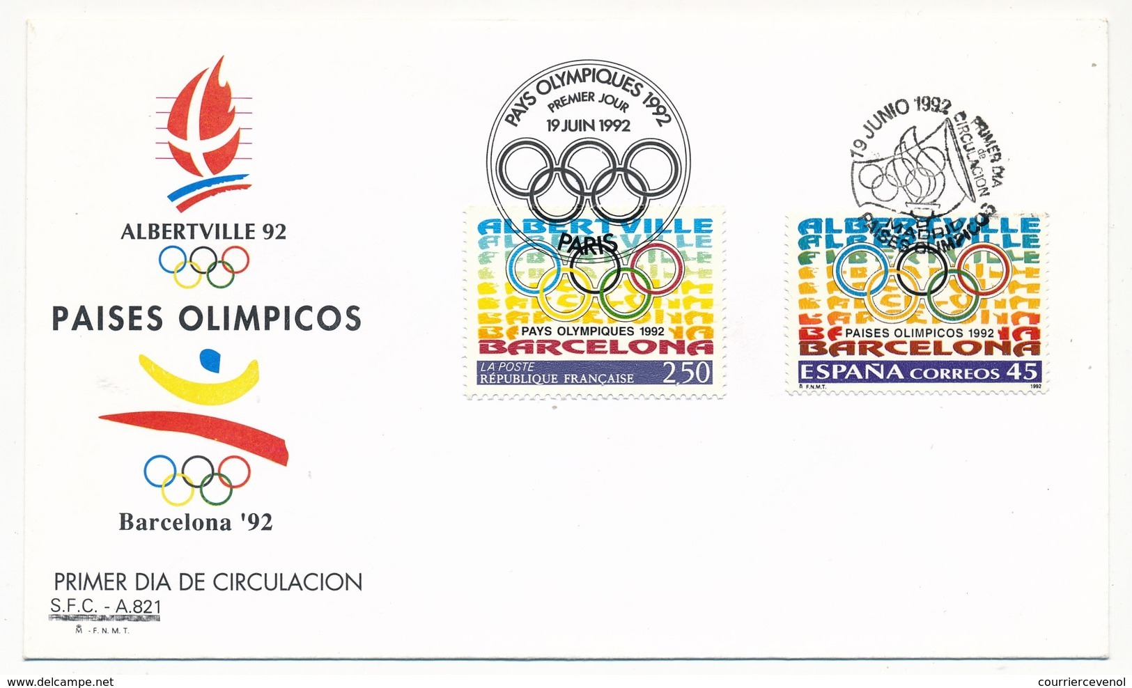 Enveloppe FDC Emission Commune France/Espagne Jeux Olympiques Barcelone 1992 - Gezamelijke Uitgaven