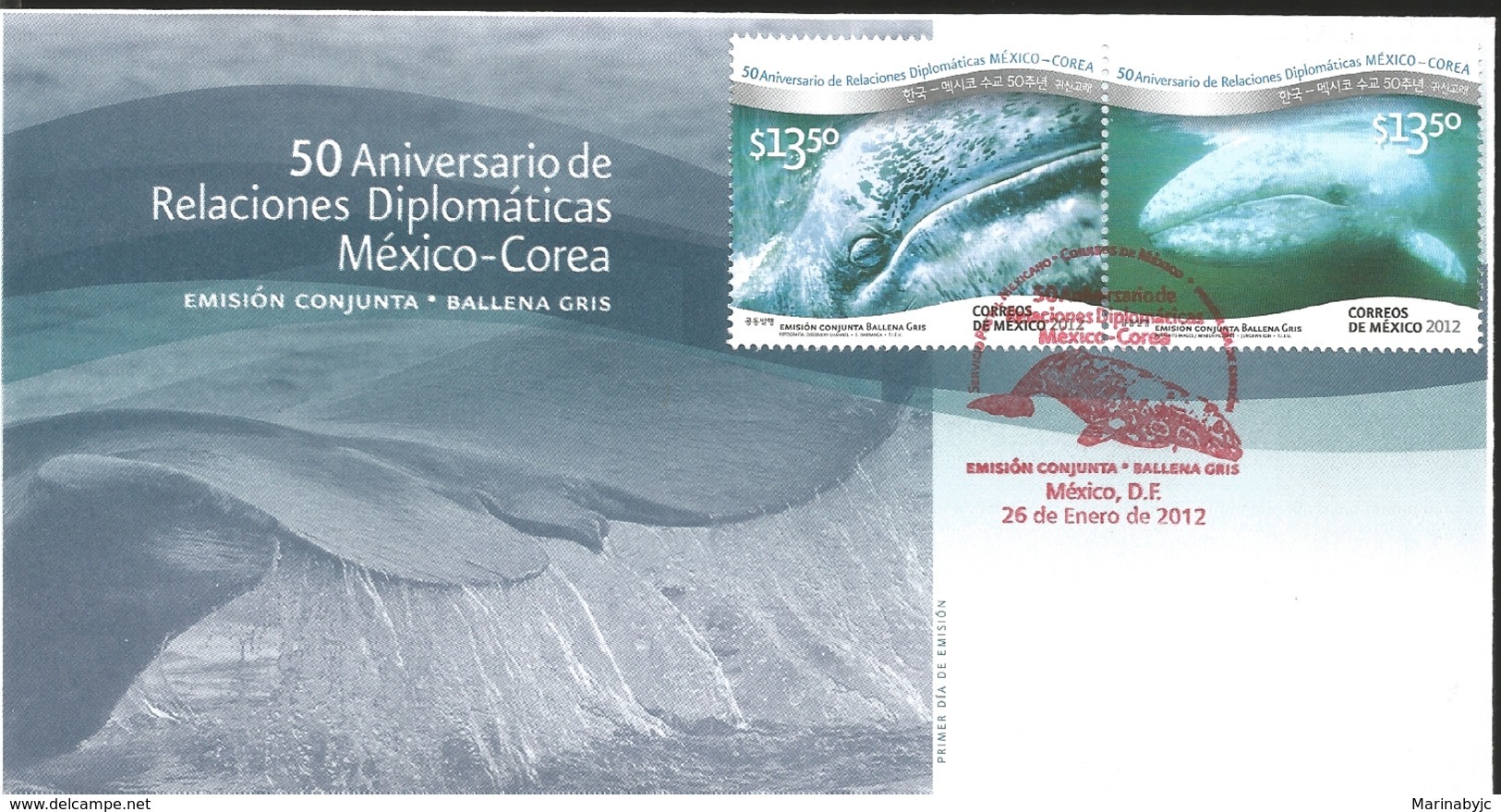 RJ) 2012 MEXICO, 50TH ANNIVERSARY OF THE DIPLOMATIC RELATIONS MEXICO-KOREA, JOINT ISSUE OF THE WHITE WHALE, FDC - Mexico