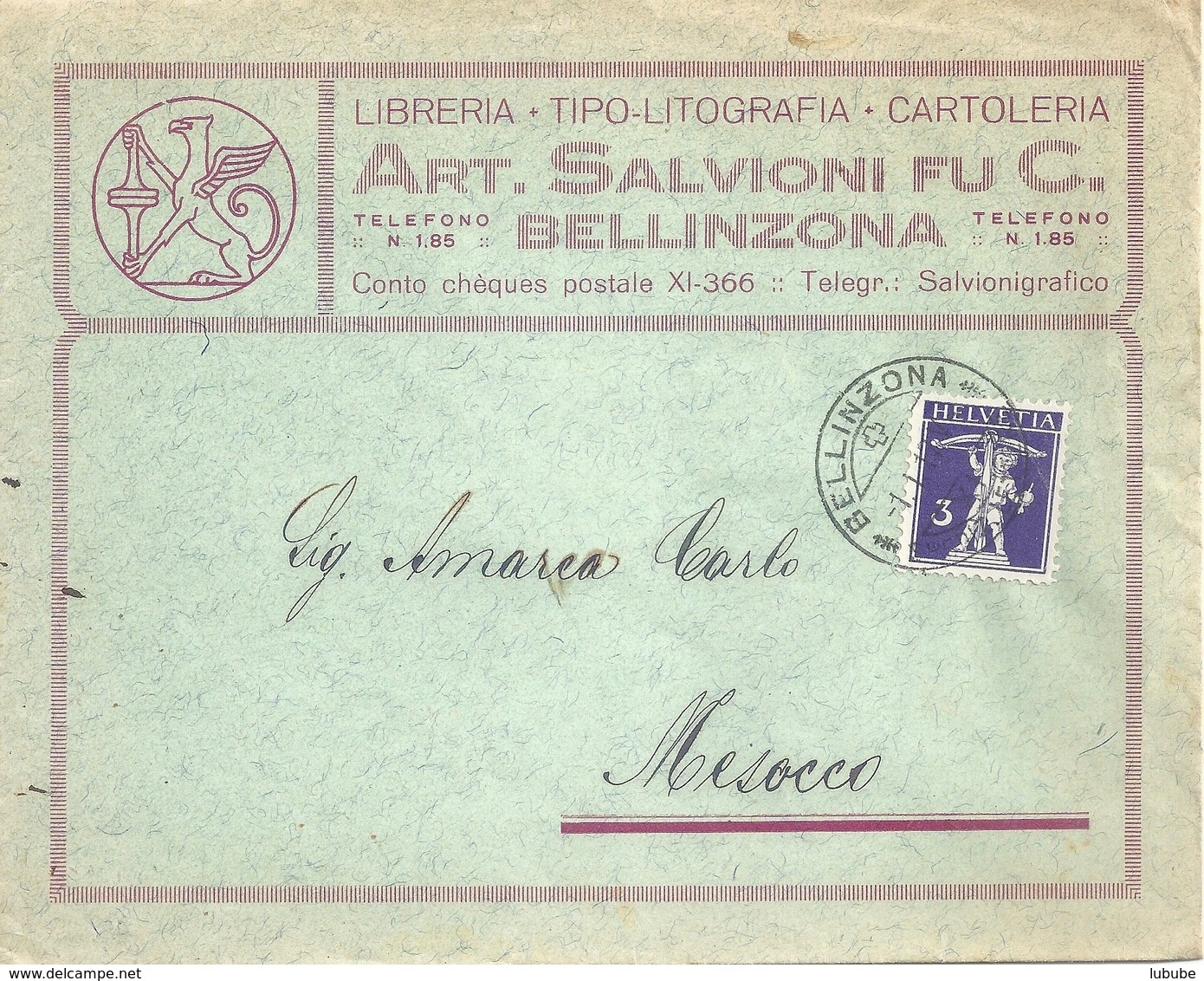 Motiv Brief  "Art.Salvioni, Libreria, Bellinzona"         1917 - Storia Postale