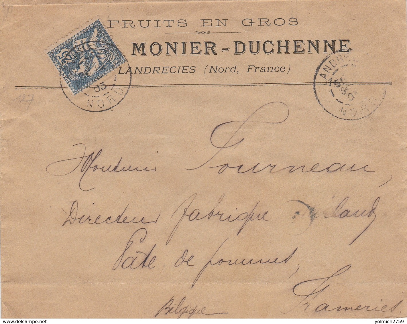 127 25c MOUCHON Seul S/ Lettre De (59) LANDRECIES - Juin 1903 - Pour BELGIQUE - Fruits - 1900-02 Mouchon