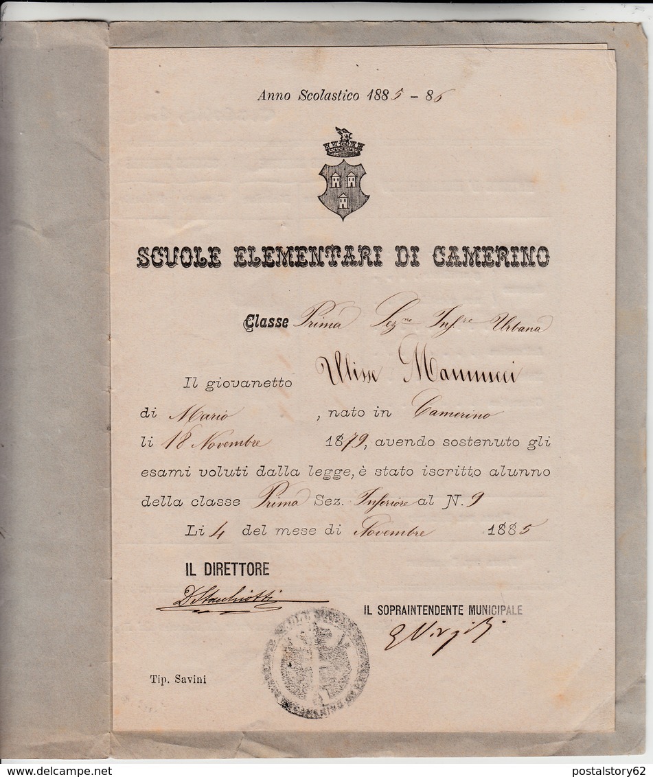 Scuola Elementare Di Camerino, Ammissione Alla Classe Prima, Anno Scolastico 1885 - 1886 - Diploma & School Reports