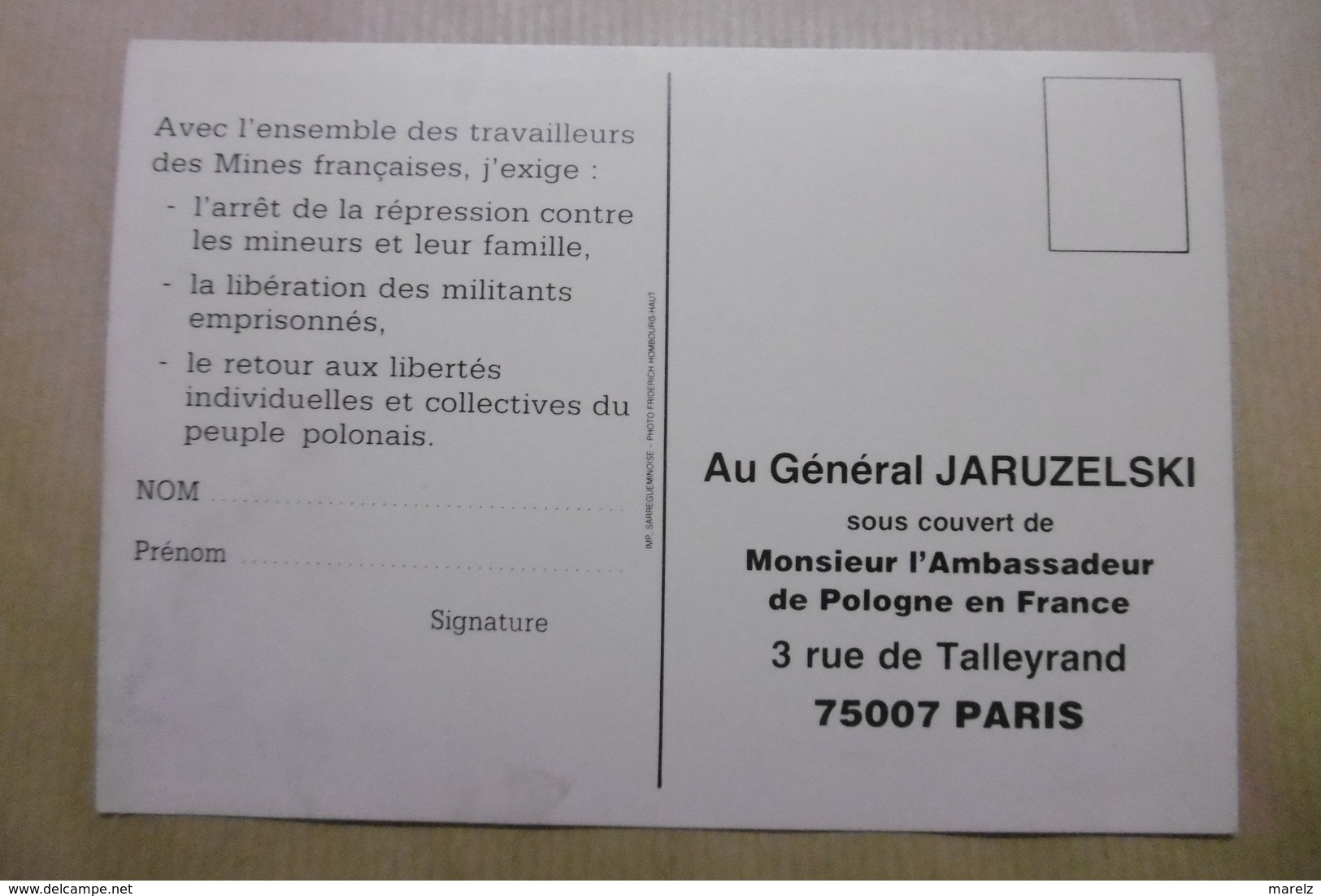 Les Fédérations Nationales Des MINEURS : CFDT - CFTC - FO - SOLIDARNOSC Pour Le Général JARUZELSKI - Partis Politiques & élections